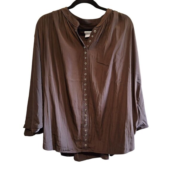 Chico Espresso Batwing Button-Detail Oversized Blouse W/ Grommet Accents & Ruche - Picture 1 of 10